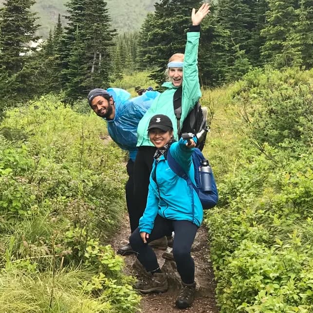 trail friends having a great time on a hike
