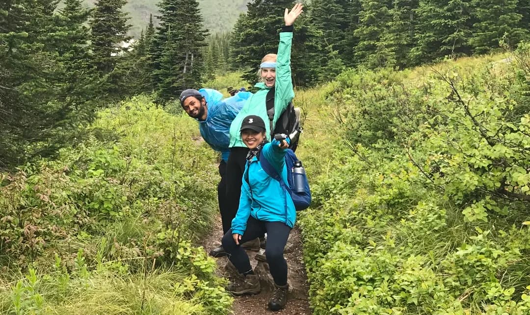 trail friends having a great time on a hike