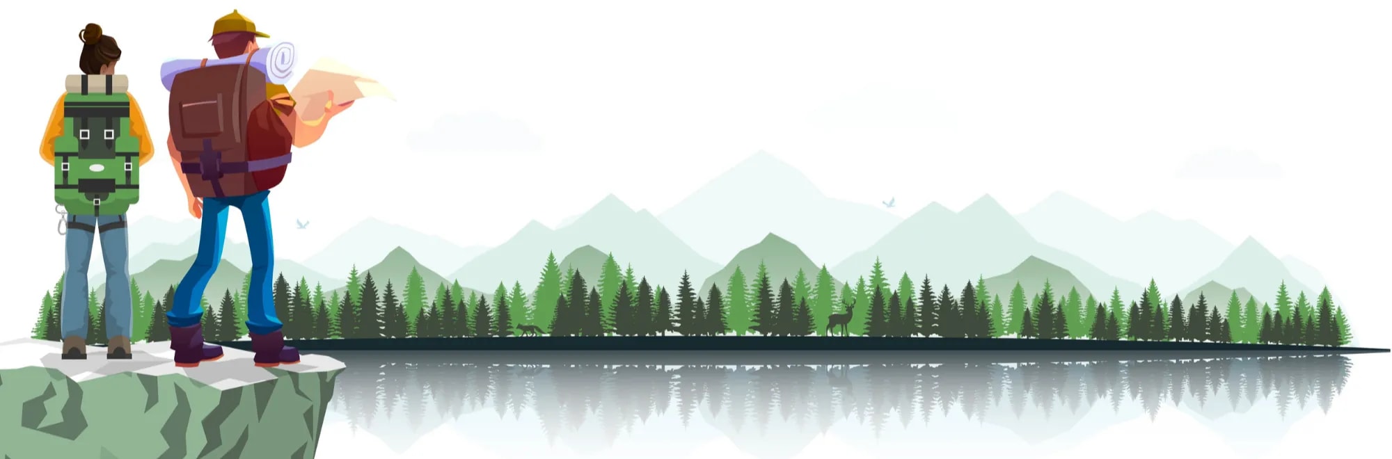 two cartoon hikers overlooking a lake and mountains